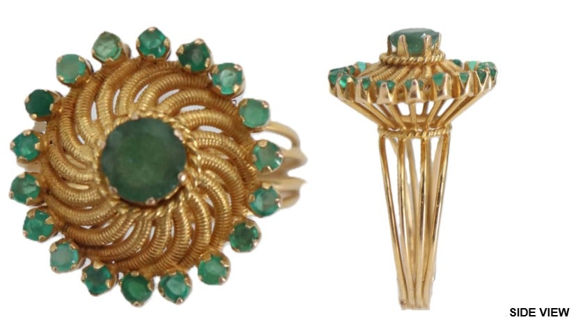 14k Yellow Gold and Emerald Ring - Gross 6.4 g.: 14k Yellow Gold and Emerald Ring - Gross 6.4 g. 14K yellow gold cocktail ring featuring a central round emerald surrounded by a textured, spiral wire gallery and a halo of smaller emerald accents