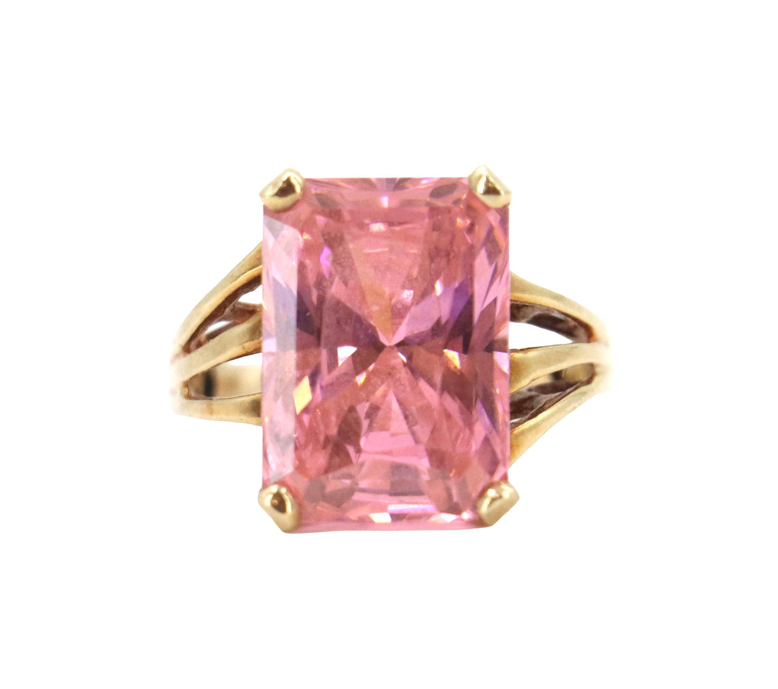 Tested 10k Yellow Gold and Synthetic Stone Ring - Gross 5.1 g.: Tested 10k Yellow Gold and Synthetic Stone Ring. With sizer. Yellow gold. Rectangular cut pink stone. Size: 4.5 Gross Weight: 3.2 dwt. 5.1 g. 