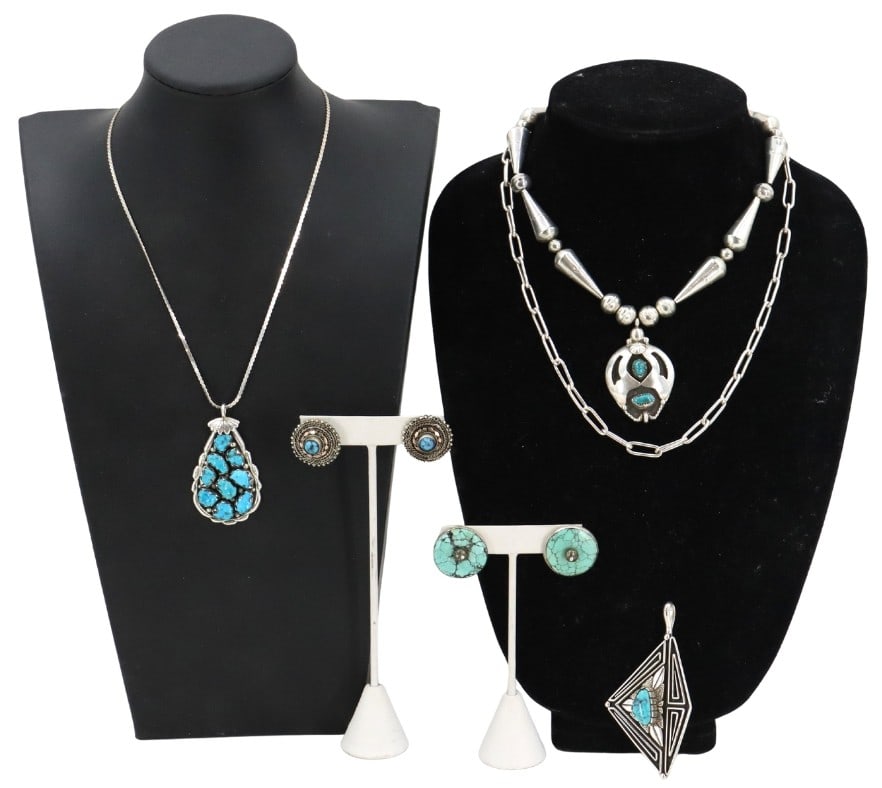 Southwestern Sterling Silver and Turquoise Collection - Gross 4.695 ozt.: Southwestern Sterling Silver and Turquoise Collection. Some marked on back. Features three necklaces, two pairs of earrings, and one pendant. Sterling silver pendant with a multi-stone turq