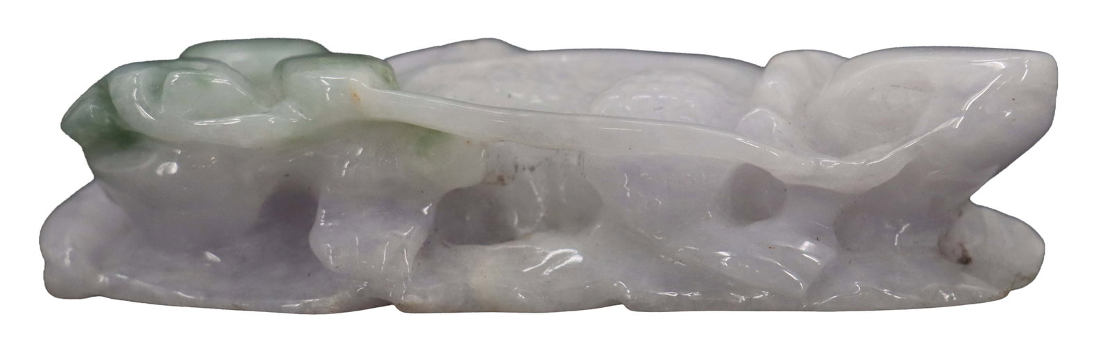 Chinese Carved Lavender and Green Jade Dragon Pendant: Chinese Carved Lavender and Green Jade Dragon Pendant. Delicately carved body and base, with a hole drilled under the head to run a string through to make a necklace. Size: 1 x 2 3/4 x 1 in