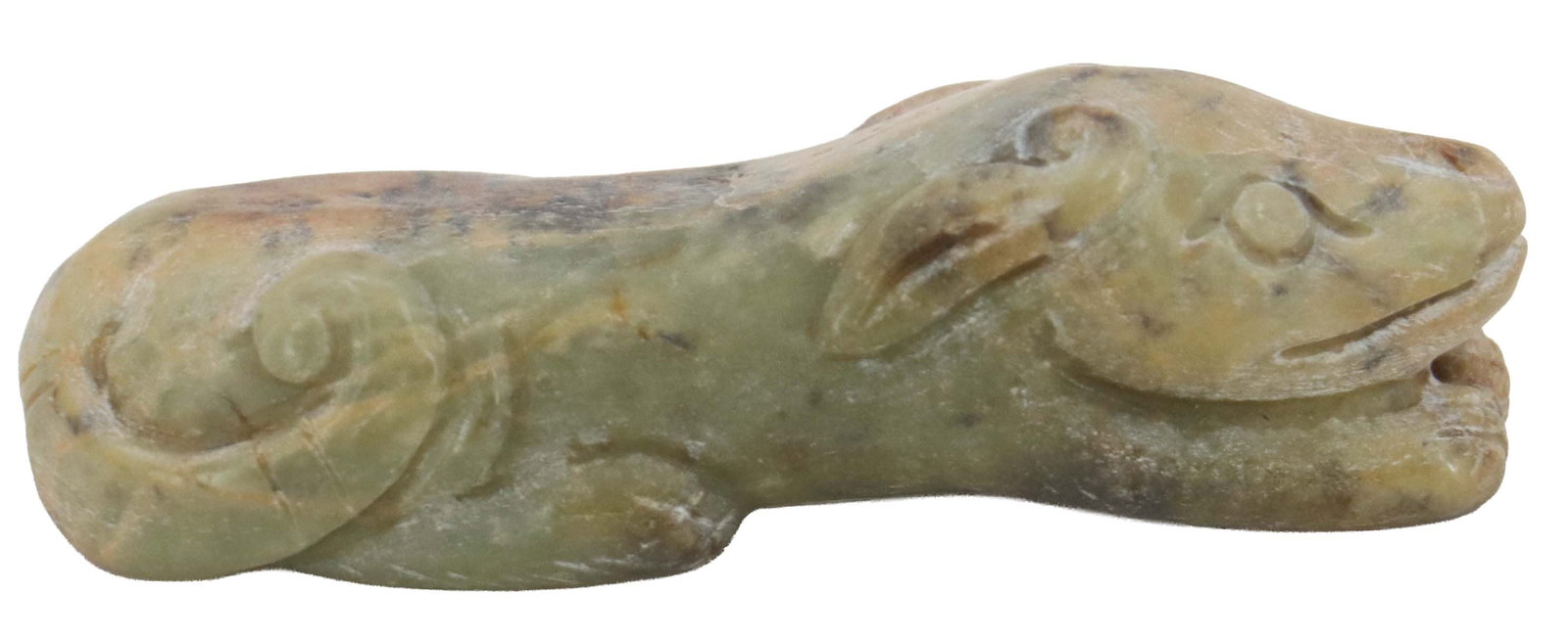 Chinese Nephrite Jade Carved Dog Pendant: Chinese Nephrite Jade Carved Dog Pendant. The cute pup has a curled tail, with a small hole in its front paws to pass a string through. Size: 2 3/4 x 1 in. 