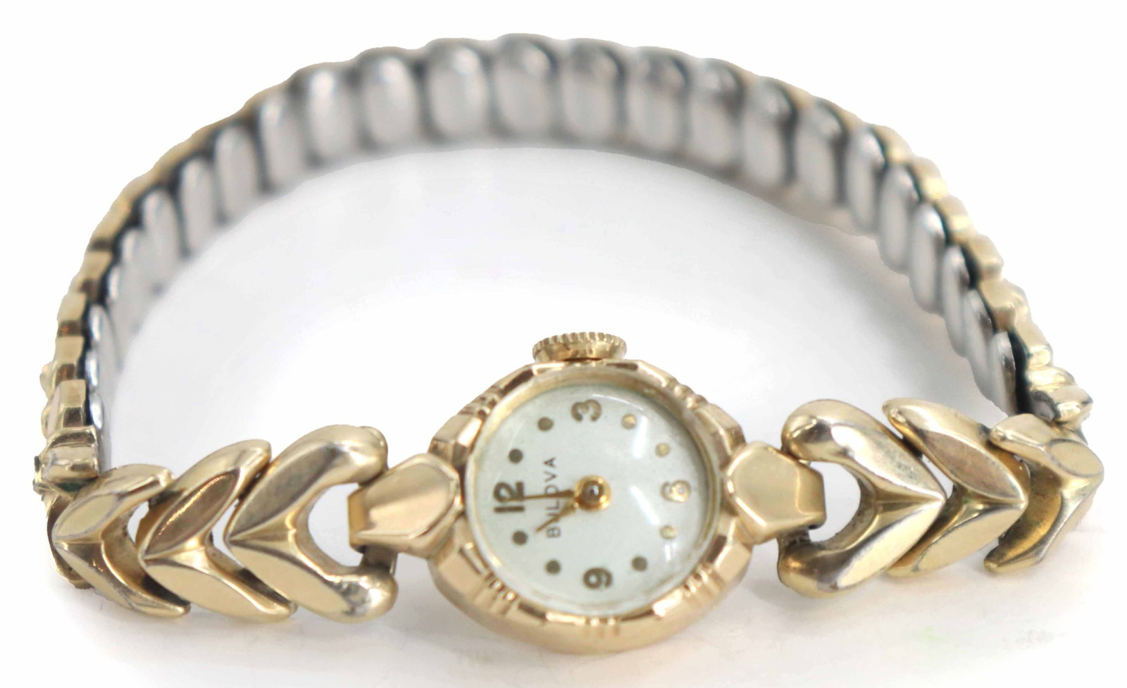 Bulova 10k Rolled Gold Plate Ladies Cocktail Wrist Watch with Stretching Band - Gross 13.1 g (1 of 9)