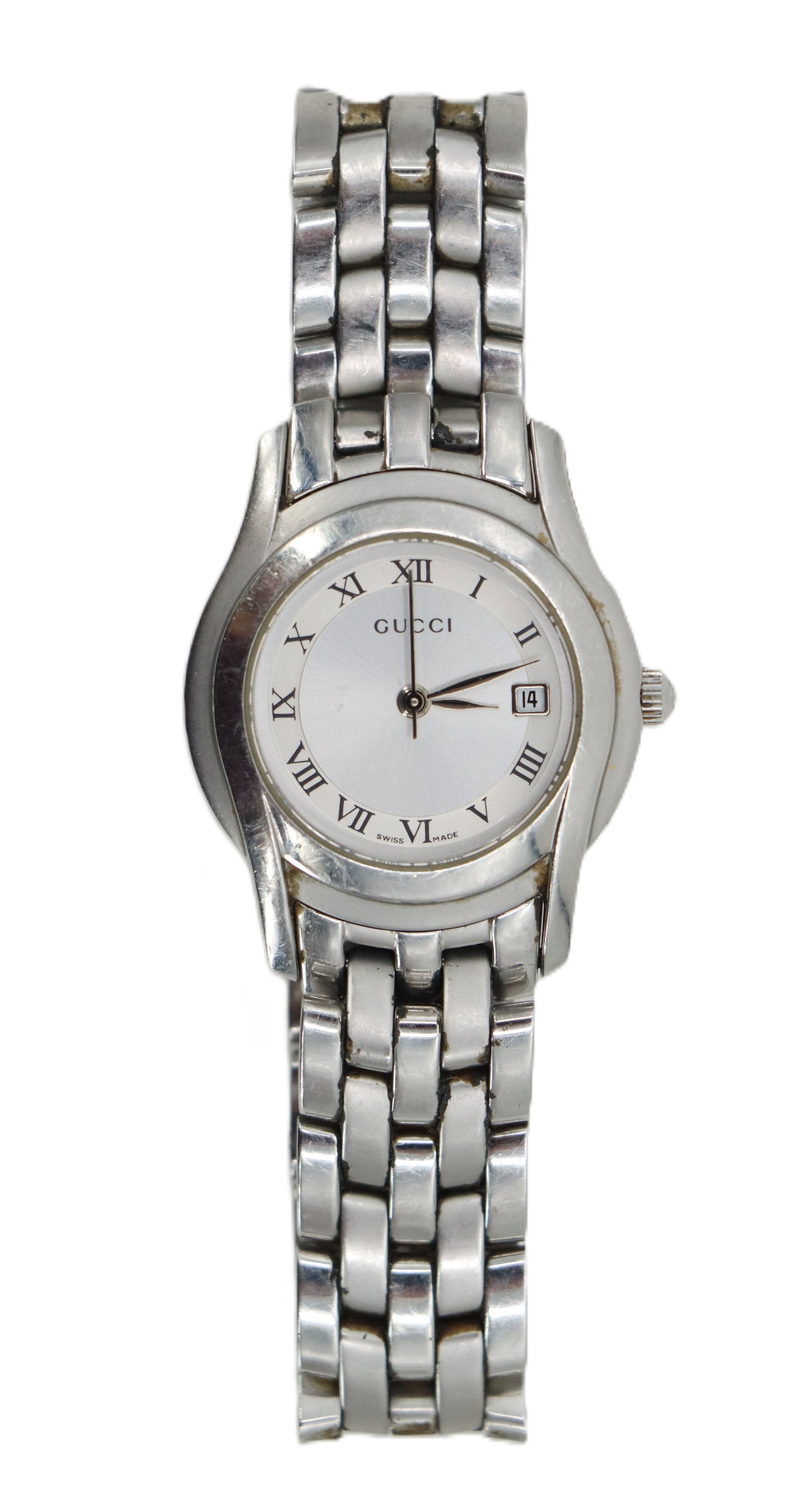 Gucci 5500L Stainless Steel Woman's Watch: Gucci 5500L Stainless Steel Woman's Watch. Classic Gucci wristwatch features a silver-toned stainless steel link bracelet and a round white dial detailed with traditional Roman numeral markers and