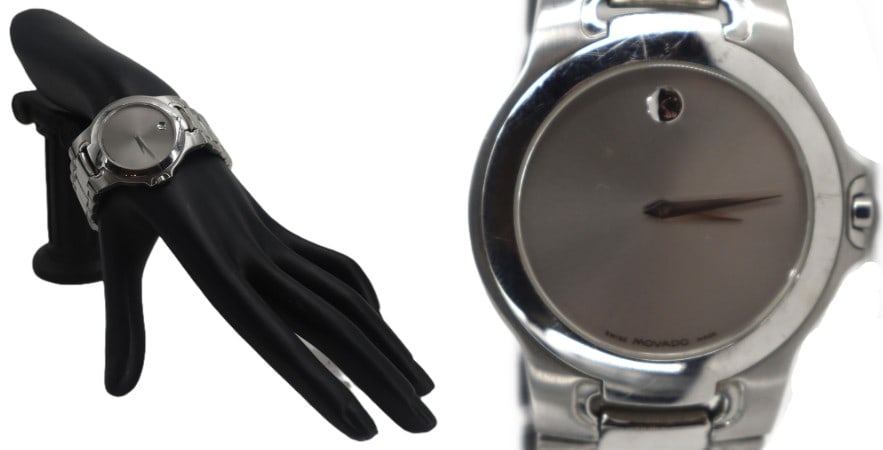 Movado Stainless Steel Wristwatch: Movado Stainless Steel Wristwatch. Water resistant. Sapphire crystal. Swiss made. Silver dial. Model 84GI898. Working. New battery. Watch Size: 2 x 2 x 1 1/2 in. Watch Face Size