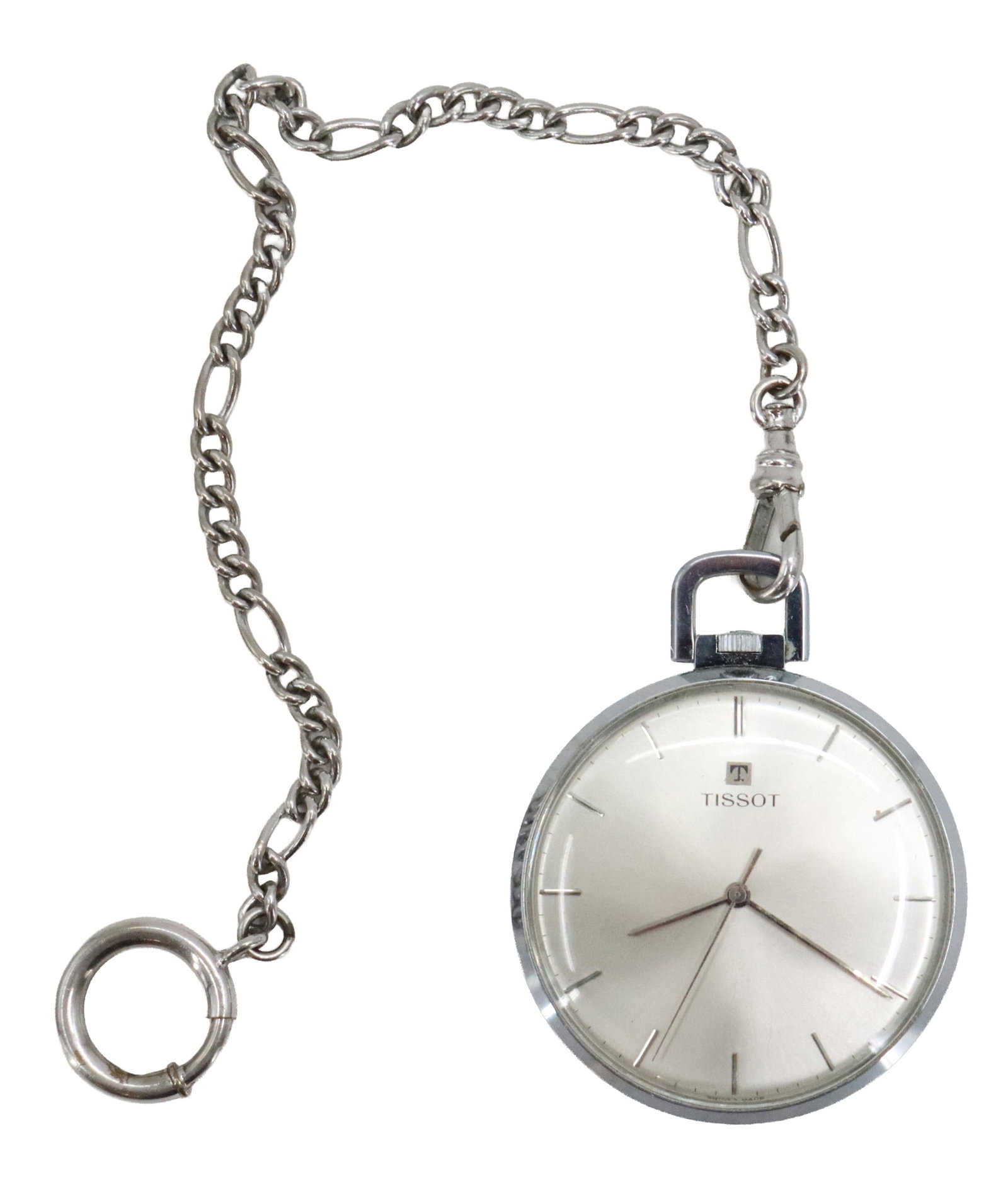 1960s Tissot Stainless Steel Pocket Watch with Chain: 1960s Tissot Stainless Steel Pocket Watch with Chain. Simple design with lines instead of numbers to mark the hours on the face, with second, minute, and hour hands. Engraved with "L.D.S." o