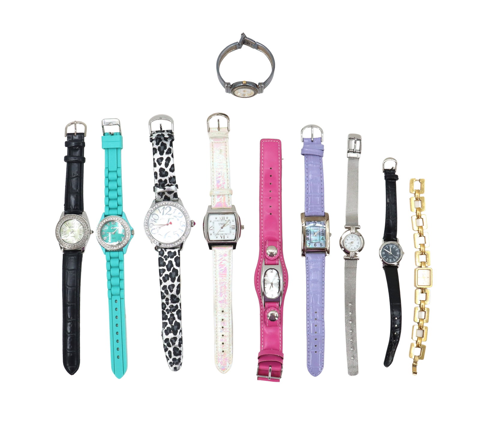 (10) Women's Costume Wrist Watches - AS IS: (10) Women's Costume Wrist Watches - AS IS. Blinged out and razzle-dazzle styles, most with a kitschy or eye-catching leather band in animal print, bright colors, unique shapes, and more.