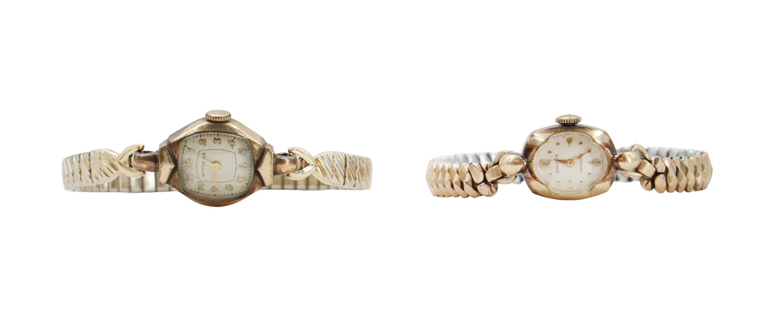 (2) 10k Gold Filled Wrist Watches: (2) 10k Gold Filled Wrist Watches. One is a Wittnauer, and the other is a Gruen, both marked on the back of the casing. Both with expandable bands. Size: 3/4 x 2 1/2 in. 