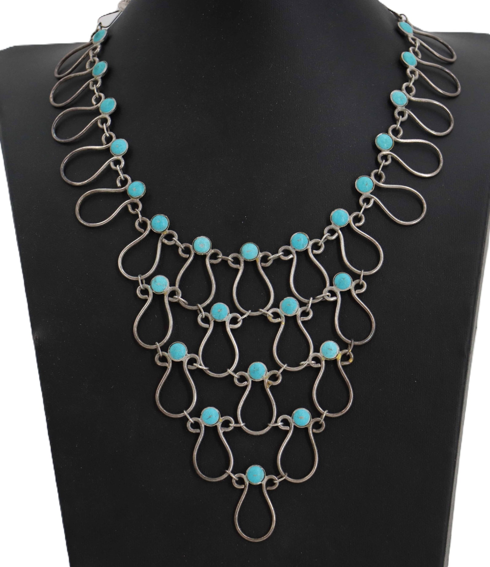 Vintage Mexican Sterling Silver and Turquoise Bib Necklace - Gross 1.270 ozt. (1 of 14)