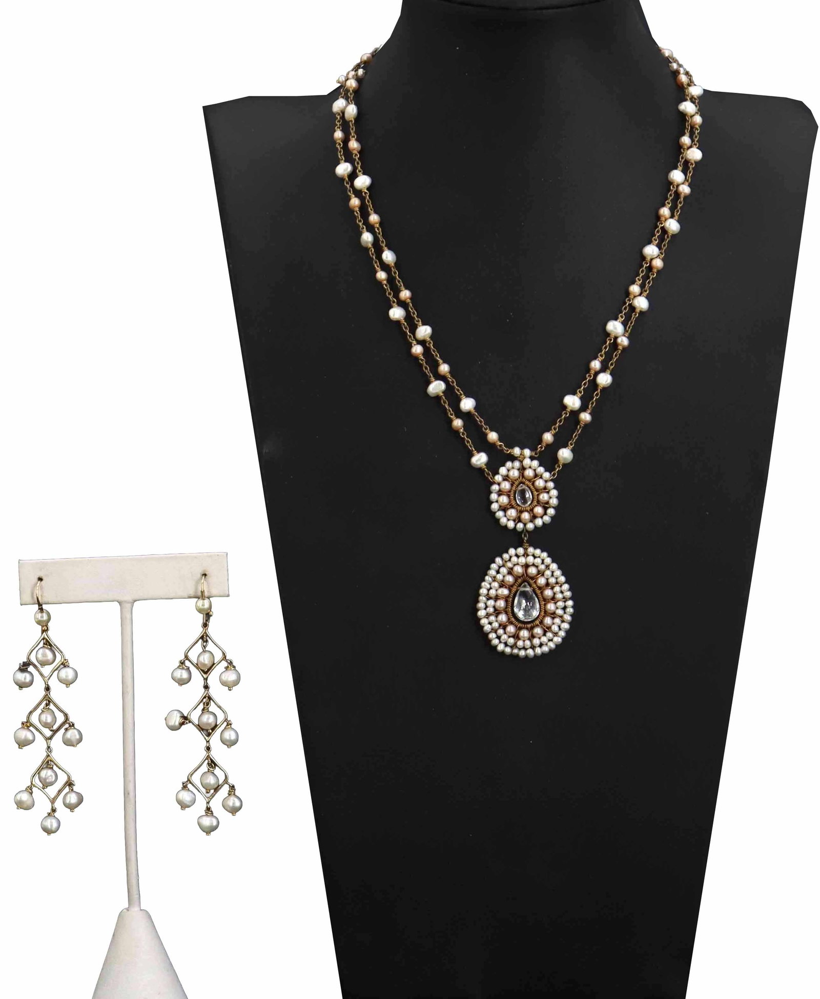 Harmony Scott Jewelry Freshwater Pearl and Gold Plated Double Strand Pendant Necklace and Drop: Harmony Scott Jewelry Freshwater Pearl and Gold Plated Double Strand Pendant Necklace and Drop Earrings. The earrings have three diamond-shaped levels with a trio of pearls at each level along with on