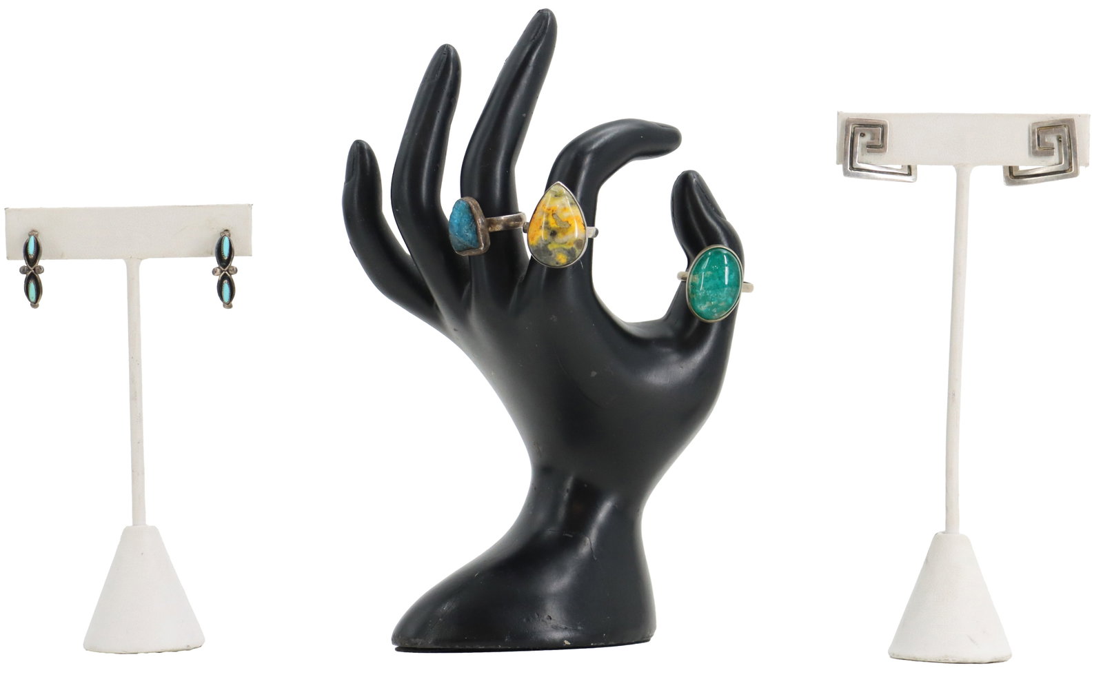 (2) Pairs of Earrings and (3) Rings with Natural Stones - Gross 0.735 ozt.: (2) Pairs of Earrings and (3) Rings with Natural Stones - Gross 0.735 ozt. One set of the earrings has turquoise in them. The rings have jasper, apatite, and polished apatite. All marked var