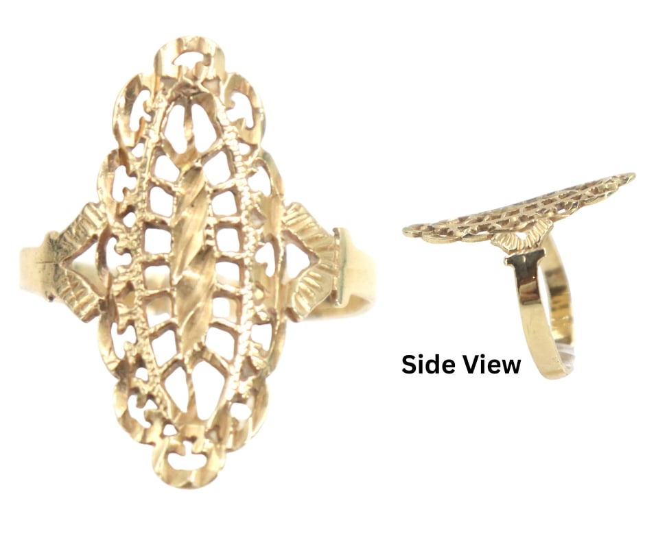 14k Yellow Gold Openwork Ring - 1.9 g.: 14k Yellow Gold Openwork Ring - 1.9 g. Ornate 14k yellow gold ring with elongated, openwork filigree face with diamond-cut detailing and a vintage-inspired marquise silhouette. Marked o