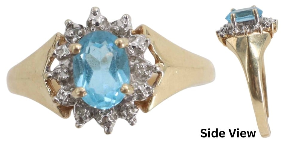 14k Gold and Blue Topaz Ring - Gross 2.5 g.: 14k Gold and Blue Topaz Ring - Gross 2.5 g. 14k yellow gold halo-style ring featuring an oval-cut blue topaz center stone encircled by small round diamond accents. Marked on interior ba