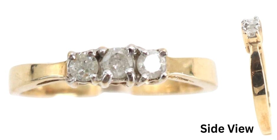 14k Gold and Diamond Trilogy Ring - Gross 1.8 g.: 14k Gold and Diamond Trilogy Ring - Gross 1.8 g. Classic three-stone 14k yellow gold ring with trio of round-cut diamonds. Marked on interior band. Size: 7 Gross Weight: 1.1 dwt. 1.8 g.