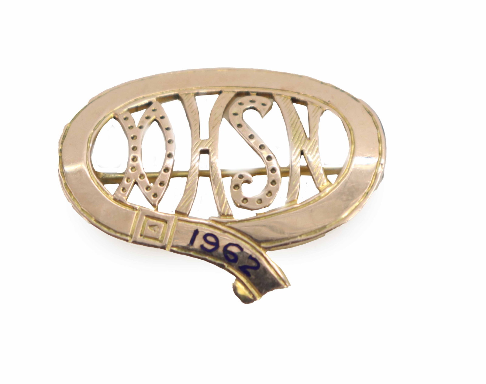 10k Gold Brooch - 5.2 g.: 10k Gold Brooch - 5.2 g. Formed as a belt with letters inside it and the year 1962 painted on the bottom section. Marked on the back. Size: 1/4 x 1 x 1 1/4 in. Gross Weight: 3.3 dwt. 5.2 g. 