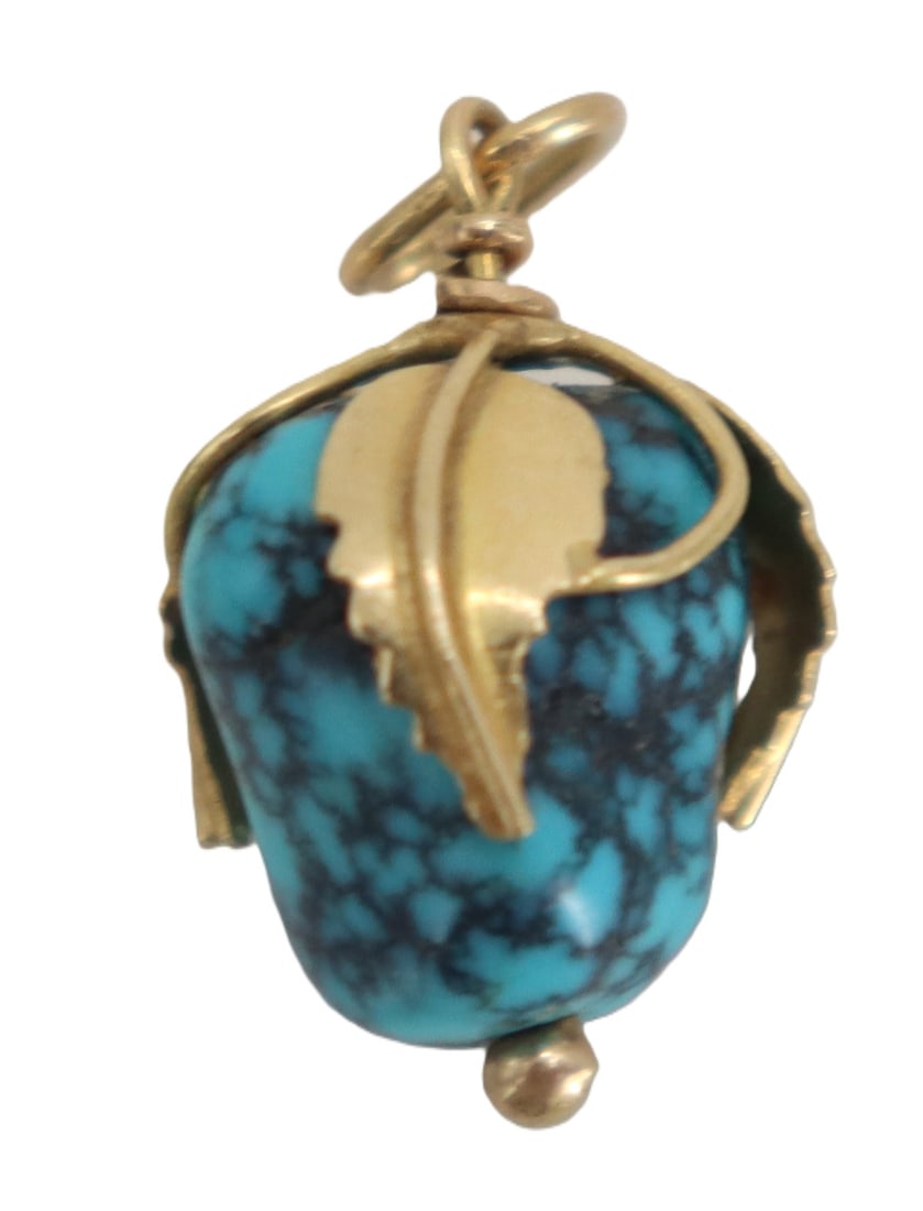 14k Gold and Turquoise Berry Form Pendant - Gross 3.0 g.: 14k Gold and Turquoise Berry Form Pendant - Gross 3.0 g. Pendant with vibrant, black-veined turquoise stone shaped like a fruit or acorn, topped with a gold jump ring and decorative leaf acc
