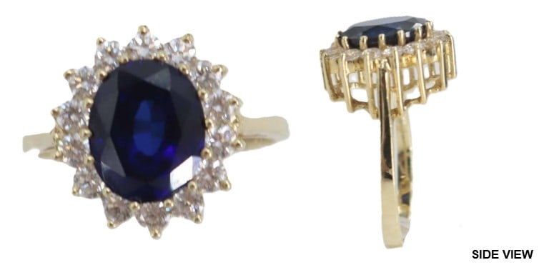 14k Yellow Gold, Sapphire, and Glass Ring - Gross 4.4 g.: 14k Yellow Gold, Sapphire, and Glass Ring - Gross 4.4 g. 14k yellow gold ring featuring a oval cut blue sapphire in center surrounded by severeal round cut clear glass stones. Marked