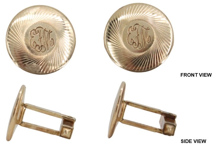 Pair of Anson Inc. 12k Gold Filled Spiral Pattern Monogrammed Cufflinks: Pair of Anson Inc. 12k Gold Filled Spiral Pattern Monogrammed Cufflinks. The spiraling pattern circles the initials "EFM" in the middle. Marked on insides of hinges. Size: 3/