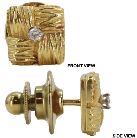 18k Yellow Gold and Diamond Screwback Tie Tack - Gross 2.2 g.: 18k Yellow Gold and Diamond Tie Tack - Gross 2.2 g. Marked on inside. Size: 3/4 in. long Gross Weight (Without Holder): 1.4 dwt. 2.2 g. 