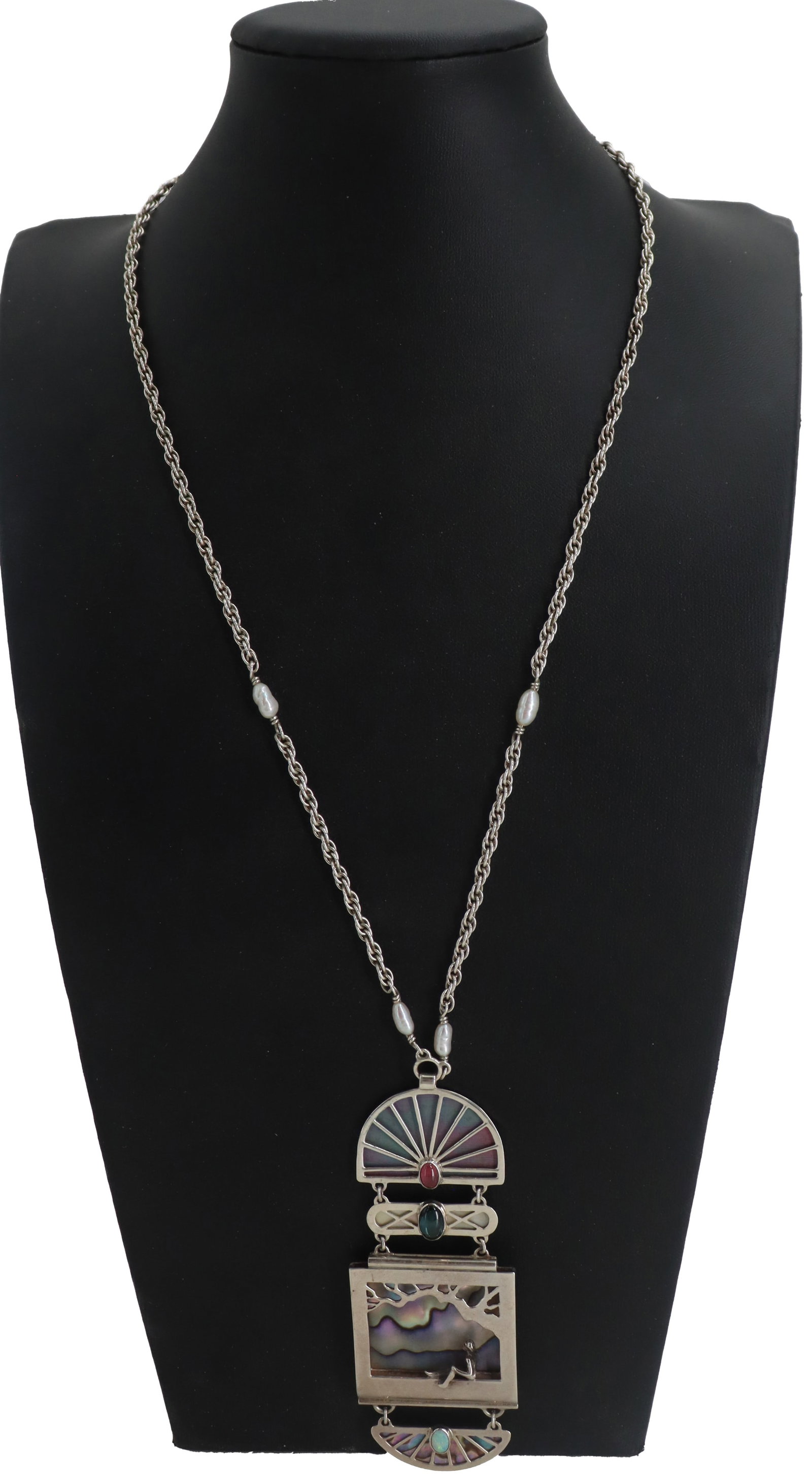 Sterling Silver and Pearl Necklace with Cabochon Stone Pendant.- Gross 1.090 ozt.: Sterling Silver and Pearl Necklace with Cabochon Stone Pendant.- Gross 1.090 ozt. Sterling Silver rope chain necklace with a multi-tiered, Art Deco-inspired pendant intricately inlaid with i