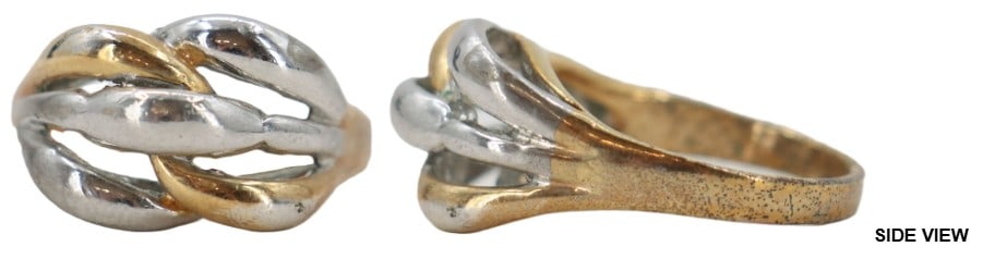 Tested 10K Yellow and Whilte Gold Knot Ring - 3.8 g.: 10K Yellow and Whilte Gold Knot Ring - 3.8 g. 10k yellow and white gold ring features an elegant intertwined, multi-band design with a polished, sculptural look. Ring Size: 7 Weight: 3.8 g.