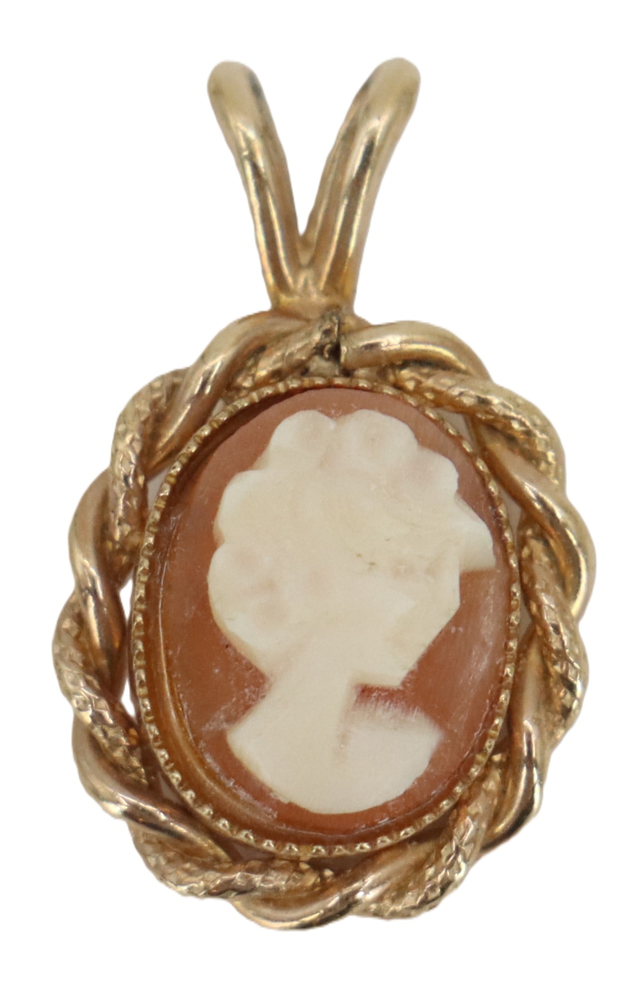Marked 14k Gold and Cameo Pendant - Gross 1.1 g.: Marked 14k Gold and Cameo Pendant. Marked on back. Profile of a woman set in 14k yellow gold. Twisted rope design all around. Size: 1/2 x 3/4 in. Gross Weight: 0.7 dwt. 1.1 g. 