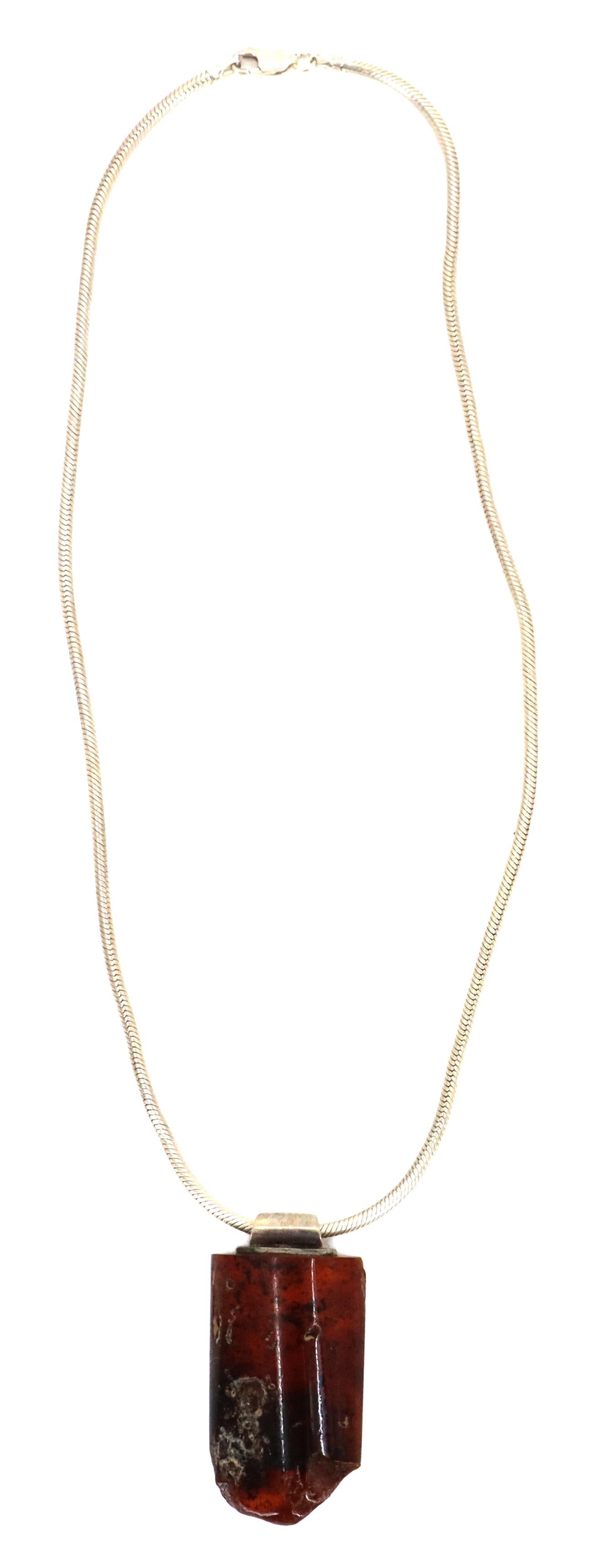 Italian Sterling Silver Chain with Amber Pendant - 0.510 ozt.: Italian Sterling Silver Chain with Amber Pendant - 0.510 ozt. Sleek sterling silver snake chain paired with a singular, dark amber pendant carved into a rectangular, pillar-like shape.