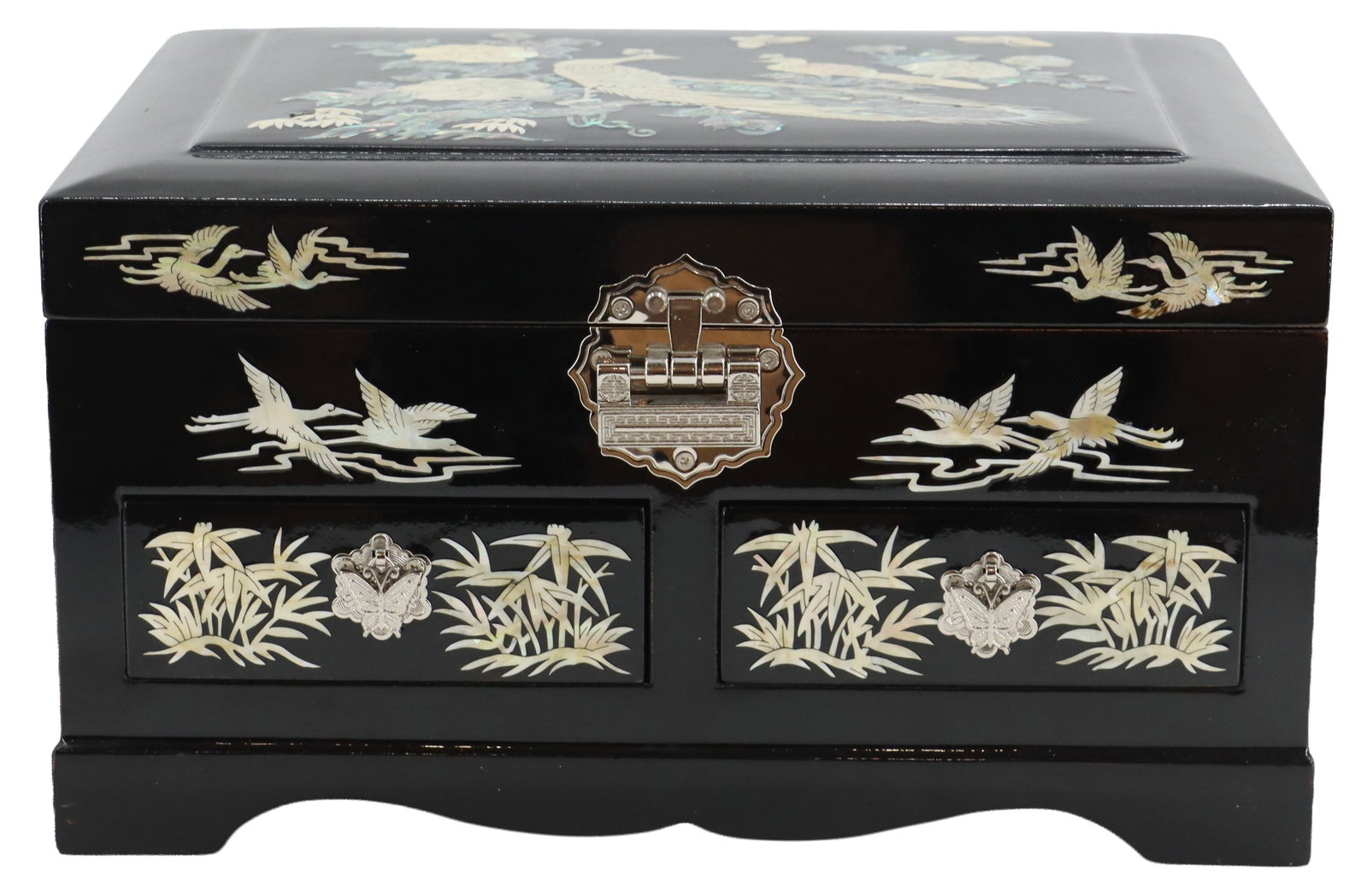 Asian Lacquered Mother of Pearl Inlay Wind Up Music Jewelry Box with Mirror and Metal Accents: Asian Lacquered Mother of Pearl Inlay Wind Up Music Jewelry Box with Mirror and Metal Accents. Beautiful images of birds, butterflies, flowers, and leaves throughout the front and top. The drawers and