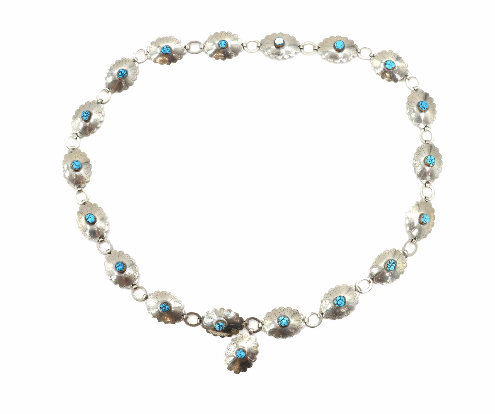 Sterling Silver and Turquoise Concho Belt - 3.895 ozt.: Sterling Silver and Turquoise Concho Belt - 3.895 ozt. Southwestern-style concho belt featuring a series of scalloped, oval sterling silver links, each set with a small turquoise-colore