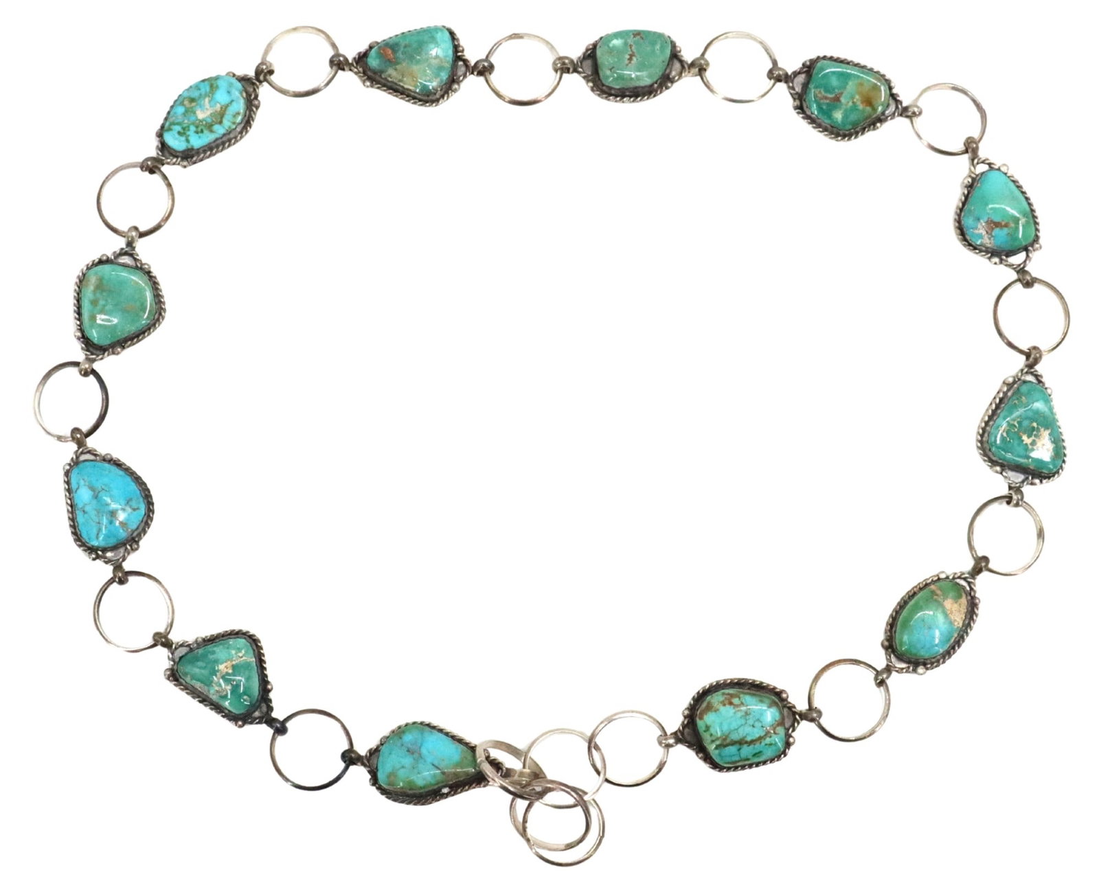 Helen Harrison (20th Century) Navajo, Vintage Sterling Silver and Turquoise Belt - Gross 7.725 ozt.: Helen Harrison (20th Century) Navajo, Vintage Sterling Silver and Turquoise Belt - Gross 7.725 ozt. Alternating metal hoops and randomly shaped polished turquoise pieces anchored in sterling silver, w