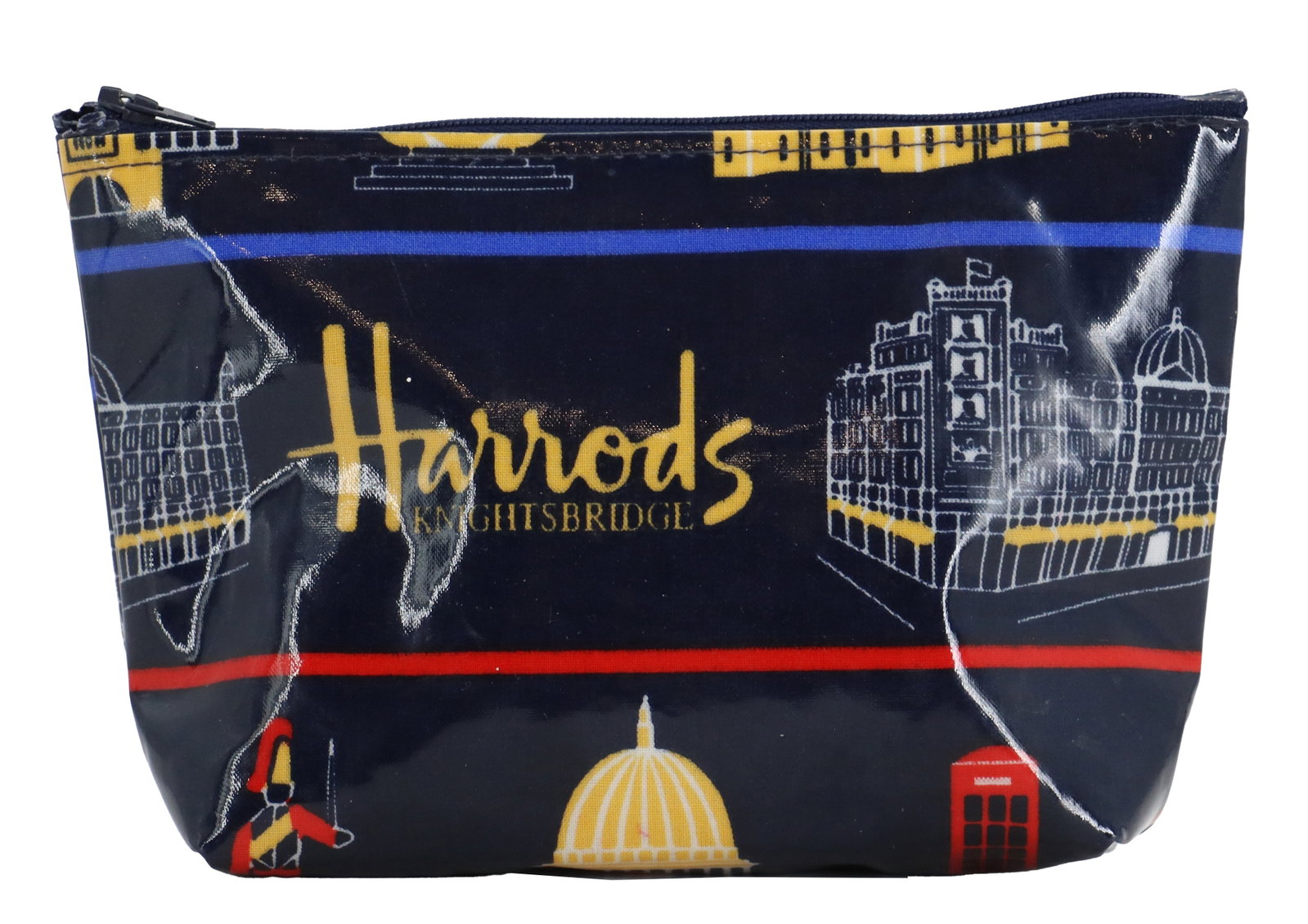 Vintage Harrods Knightsbridge Vinyl Zippered Coin Purse: Vintage Harrods Knightsbridge Vinyl Zippered Coin Purse. Depicts images of the iconic store as well as iconic sights and monuments from around London in simple blues, yellows, and reds. Label inside w