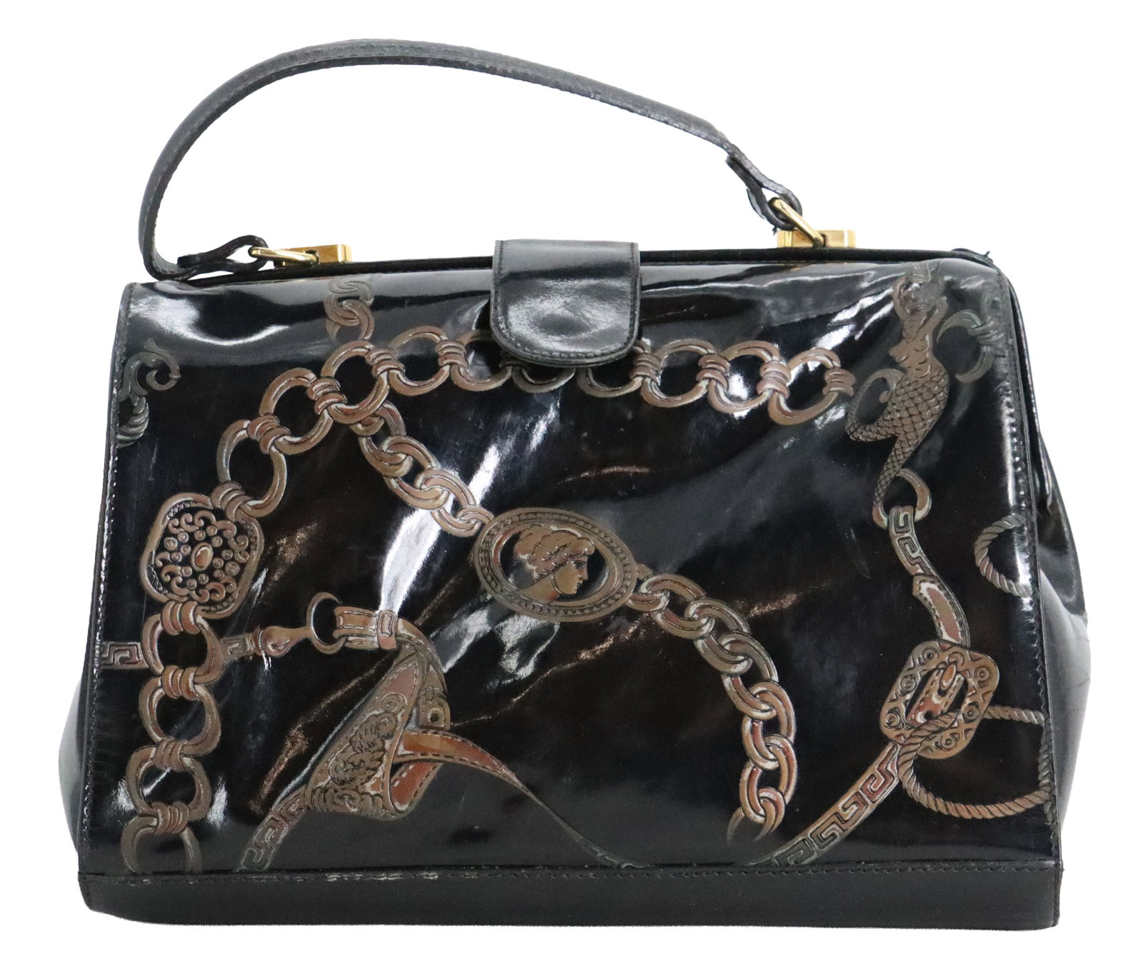 Italian Lord & Taylor's Neoclassical Pattern Black Leather Handbag (1 of 18)