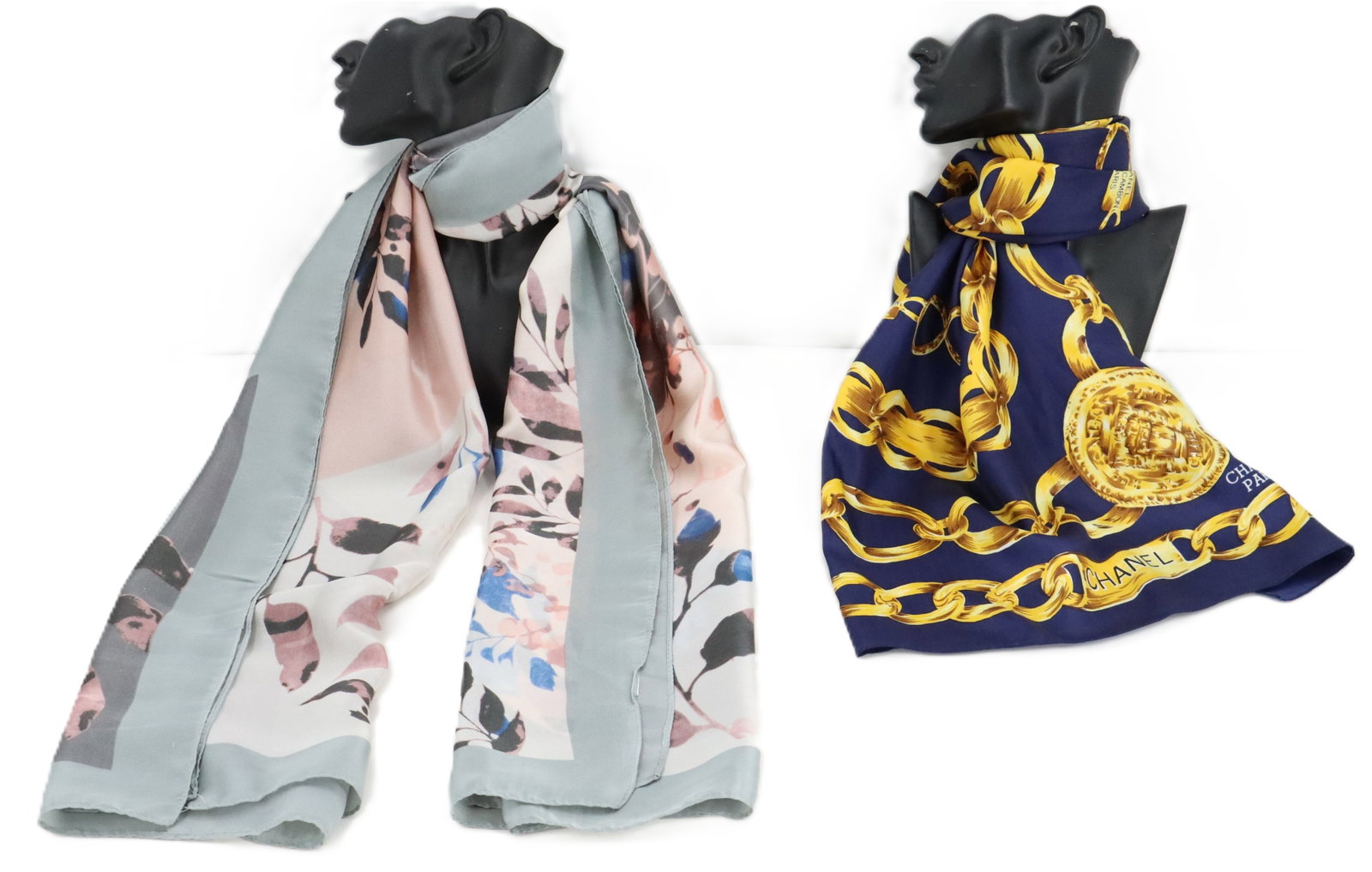 (2) European Women's Silk Scarves: (2) European Women's Silk Scarves. One is an Italian Boho style rectangular piece with irregularly alternating cream, pink, and grey tones under floral and leaf patterns, and the other is a s