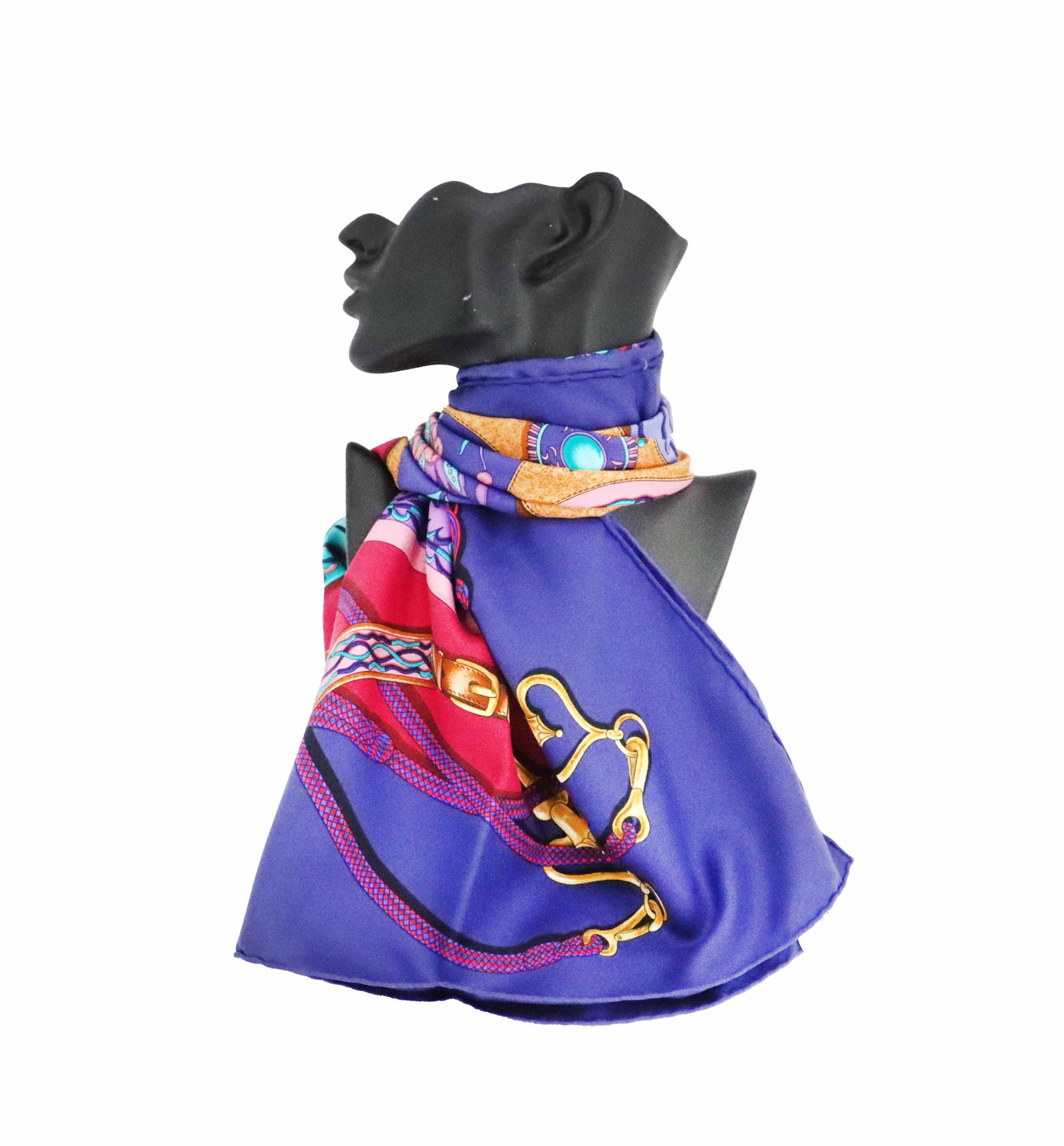 Hermes "Festival des Amazones" Silk Scarf: Hermes "Festival des Amazones" Silk Scarf. Stunning purple border and red main field, with brilliant patterns of swatches, chains, and tassles throughout shaded to create three-dimensional e