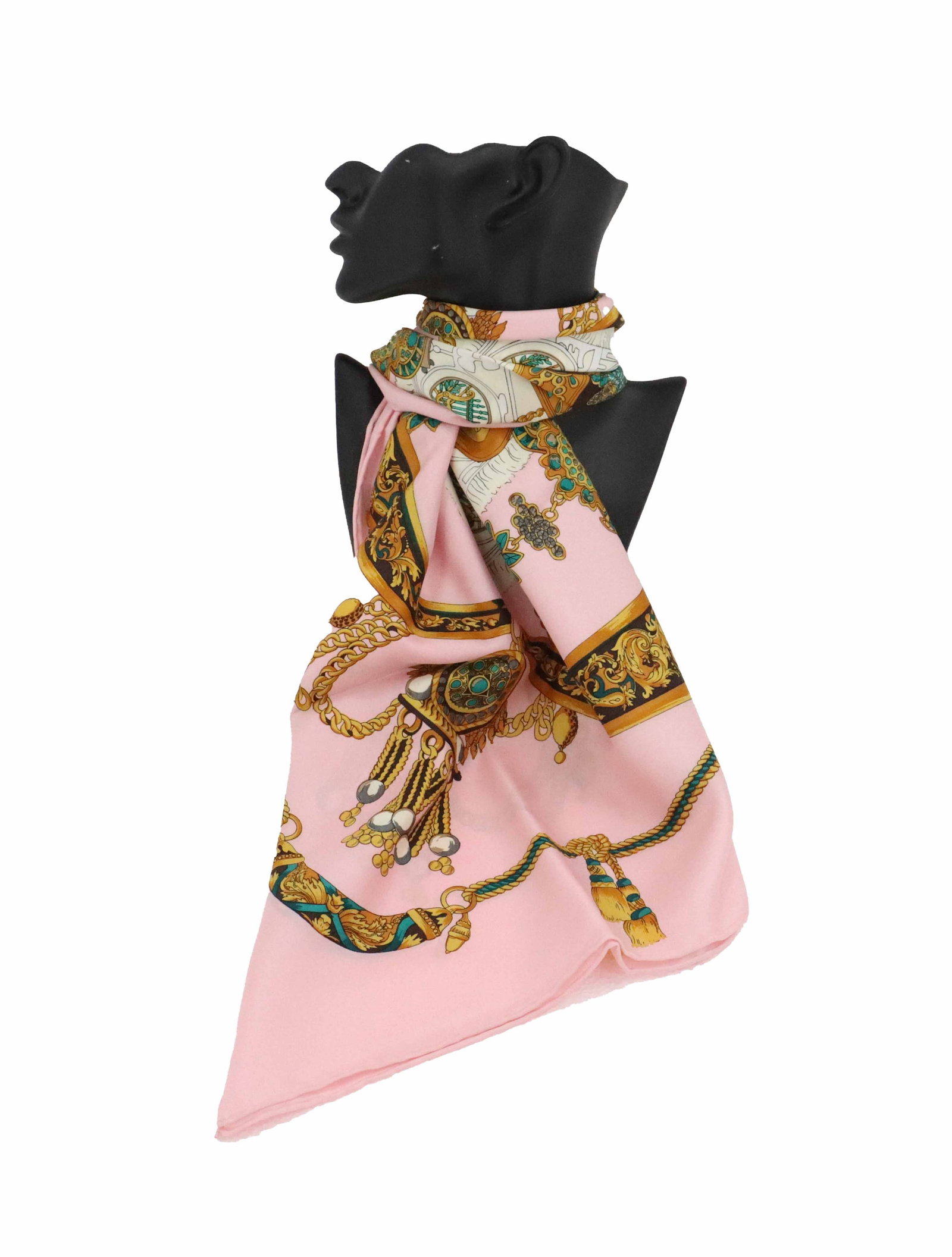 Hermes "Zenobie, Reine de Palmyre" Silk Scarf: Hermes "Zenobie, Reine de Palmyre" Silk Scarf. Depicts a treasure chest full of riches with various Egyptian inspired designs and forms throughout the broad pink border. Logo in lower right 