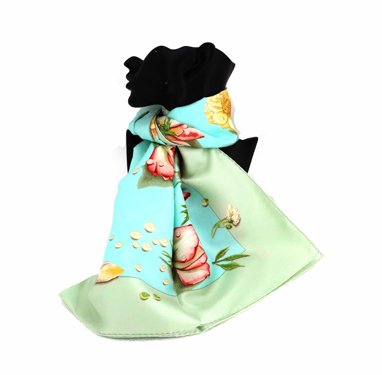 Hermes "La Rosee" Silk Scarf: Hermes "La Rosee" Silk Scarf. Beautiful light blue main field, filled and surrounded by images of roses shaded to create a three-dimensional effect. "Hermes Paris" in a rectangle i