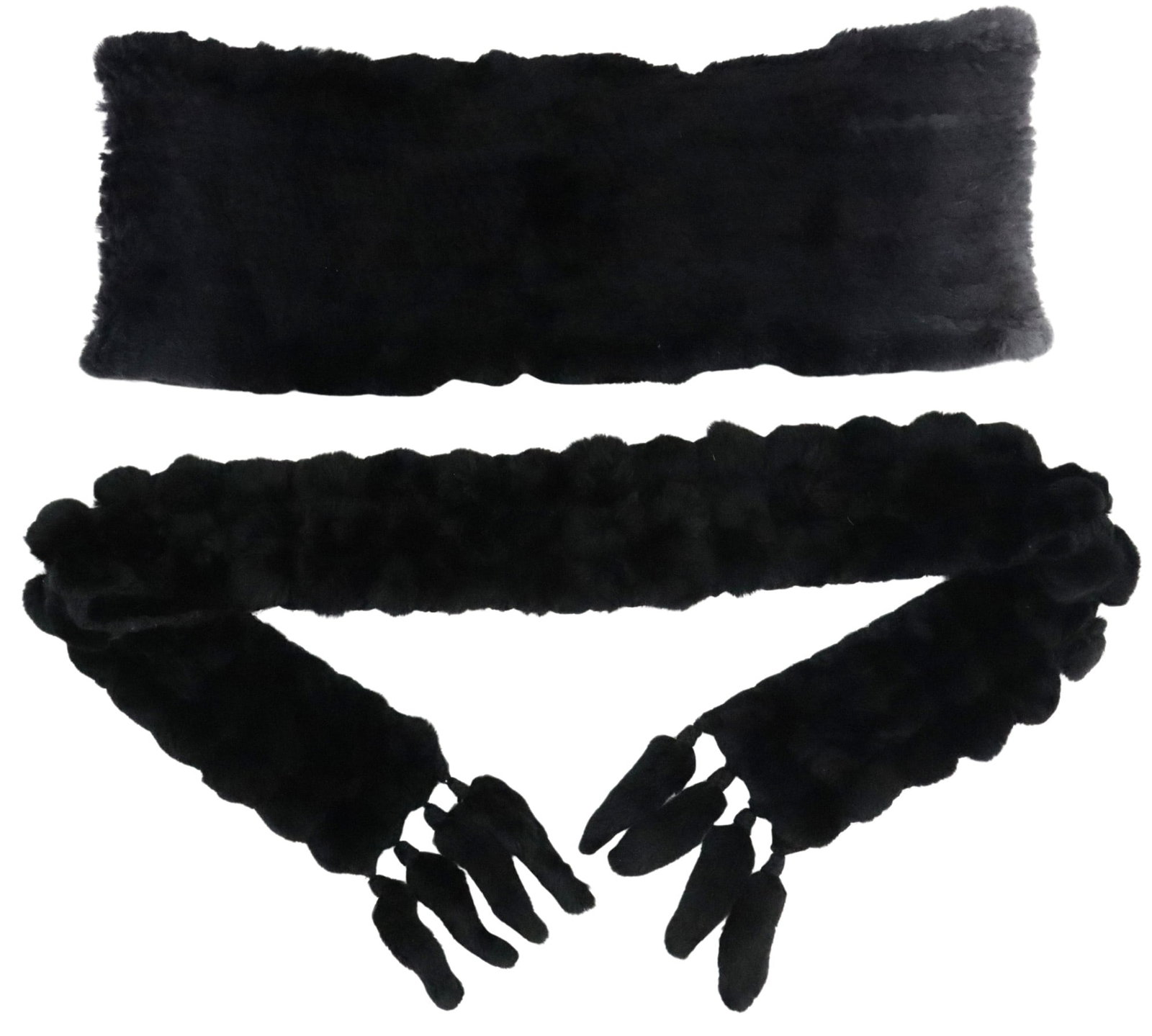 Linda Richards Luxury Genuine Rabbit Fur Headband and Scarf: Linda Richards Luxury Genuine Rabbit Fur Headband and Scarf.Black fur winter accessory set consisting of a wide, plush headband and a coordinating scarf with a bubbled texture and pom-pom tassel 