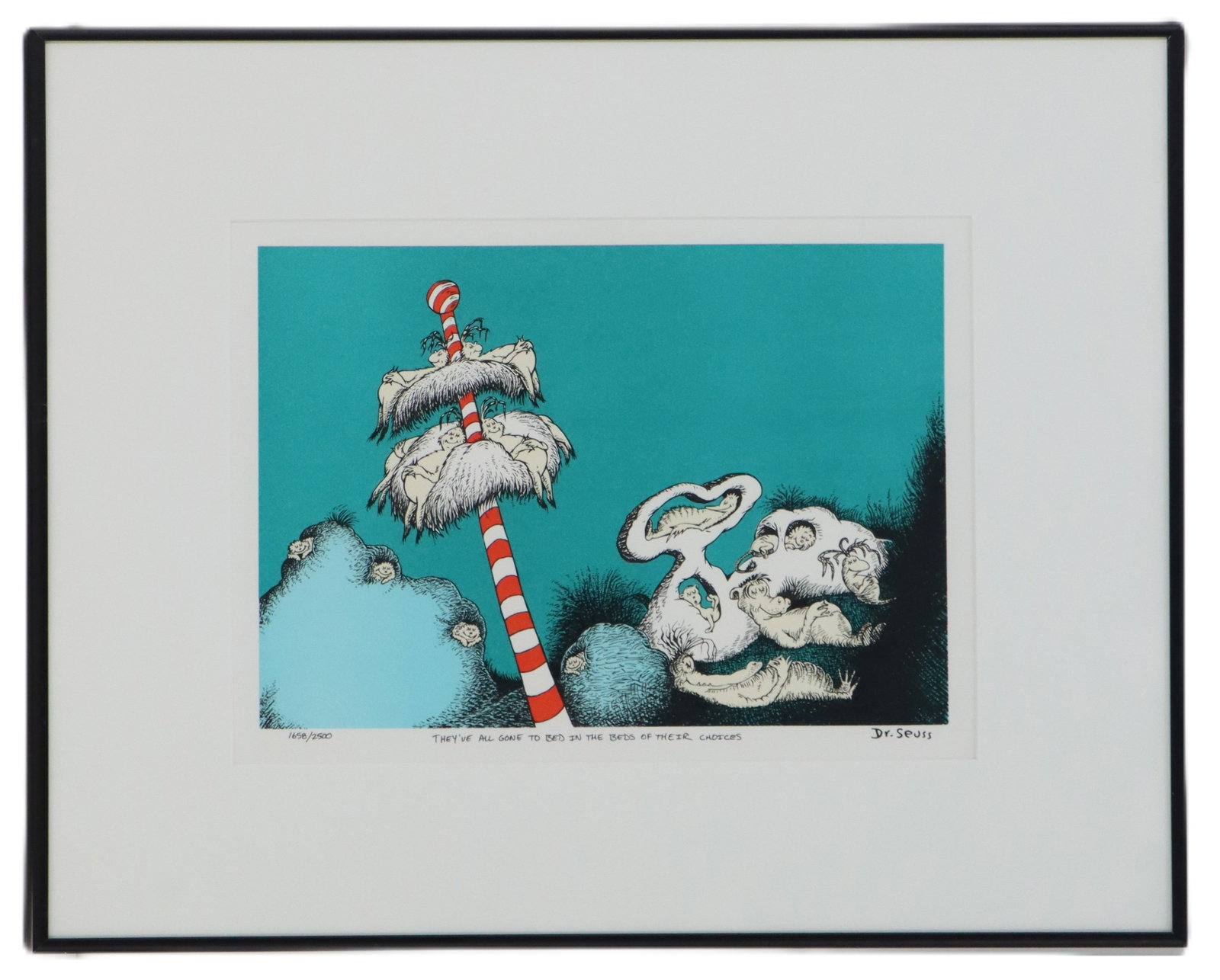 Dr. Seuss (1904-1991) American, Numbered Lithograph: Dr. Seuss (1904-1991) American, Numbered Lithograph. Depicts a collection of sleeping creatures in his signature whimsical style. Signature in print bottom right below image. Numbered 1658/2500 in ink