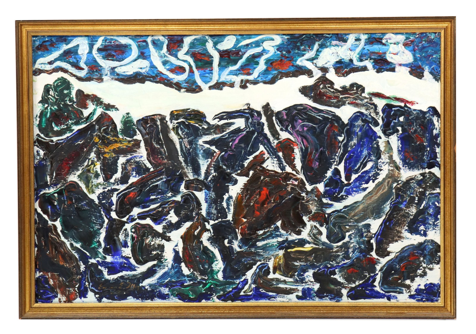 Emma Jambori Edvi-Illies (1913-1998) Hungarian, Oil on Canvas Abstract: Emma Jambori Edvi-Illies (1913-1998) Hungarian, Oil on Canvas Abstract. Abstract painting featuring thick, expressive impasto brushstrokes in a palette of deep blues, blacks, and browns, topped with a