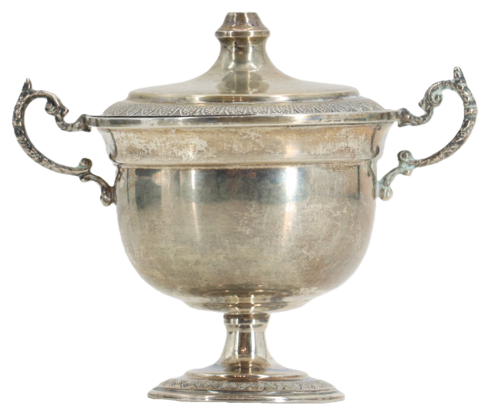 Vintage European .800 Silver Covered Sugar Bowl - 2.650 ozt.: Vintage European .800 Silver Covered Sugar Bowl - 2.650 ozt. Antique .800 silver lidded sugar bowl featuring a pedestal base, ornate scrolled handles, and decorative engraved banding around 
