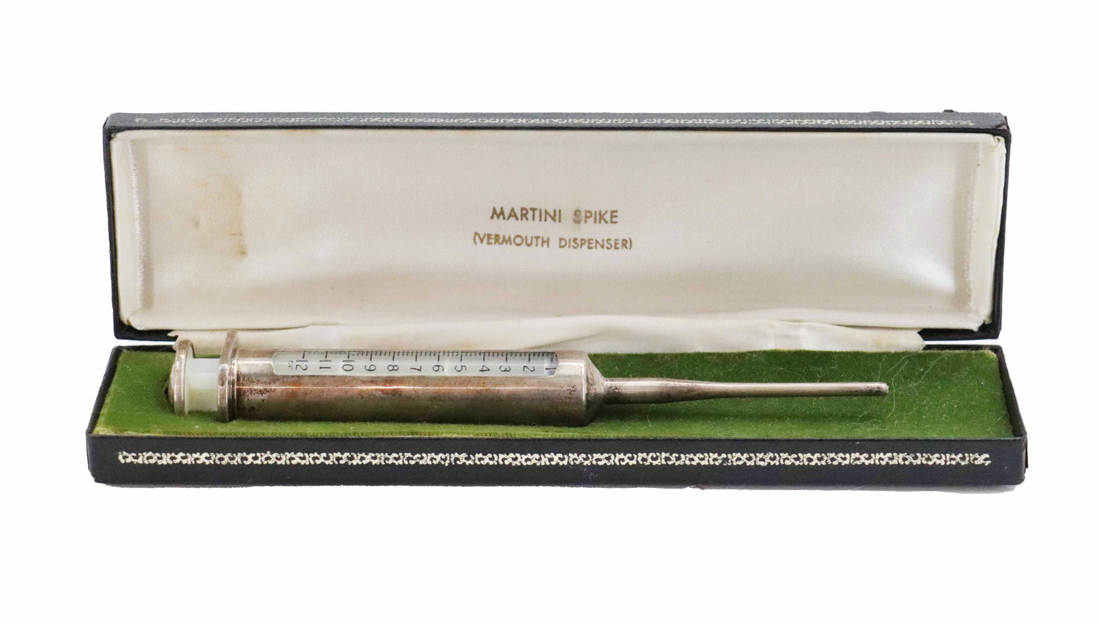 Vintage Gorham Sterling Silver Martini Spike Vermouth Dispenser in Original Case: Vintage Gorham Sterling Silver Martini Spike Vermouth Dispenser in Original Case. Made mostly in the 1950s and 60s, this novelty bar tool is shaped like a medical syringe, to dispense libations in