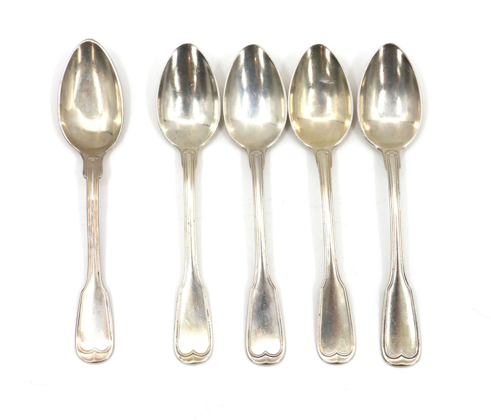 (5) German Jarr .800 Silver Spoons - 3.985 ozt.: (5) German Jarr .800 Silver Spoons - 3.985 ozt. Group of five .800 silver spoons. Marked on stem. Size: 5 1/2 x 1 1/4 in. Weight: 3.985 ozt. Jarr is a relatively obscure flatware mark