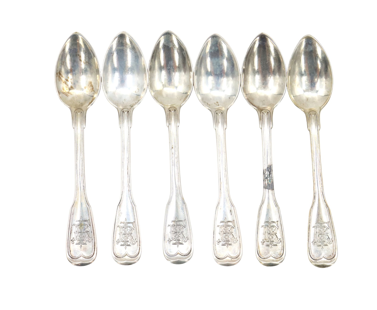 (6) Strube & Sohn .750 Silver Spoons - 2.670 ozt.: (6) Strube & Sohn .750 Silver Spoons - 2.670 ozt. Group of six .750 silver spoons, marked on stem. Size: 4 3/4 x 3/4 in. Weight: 2.670 ozt. Strube & Sohn was a