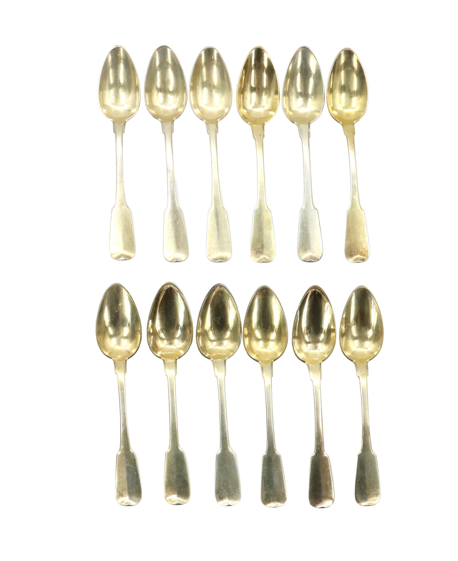 (12) European Sterling Silver Demitasse Spoons - 8.475 ozt.: (12) European Sterling Silver Demitasse Spoons - 8.475 ozt. Gilt in a Fiddle Thread design. All marked on the back middle. Comes with protective cloth wrapping. Length: 4 1/2 x 1 1/4 in. 