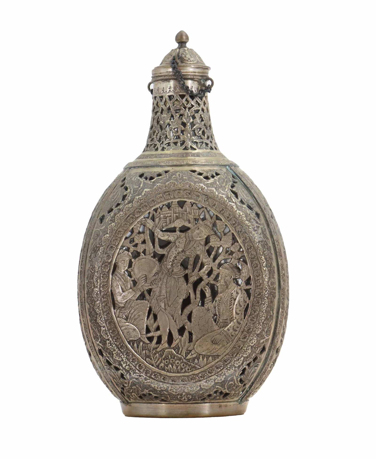 Persian Stoppered Flask with Silver Clad Openwork Body: Persian Stoppered Flask with Silver Clad Openwork Body Ornate Persian silver-clad vessel features intricate pierced openwork and a central medallion depicting a traditional scene of figures and