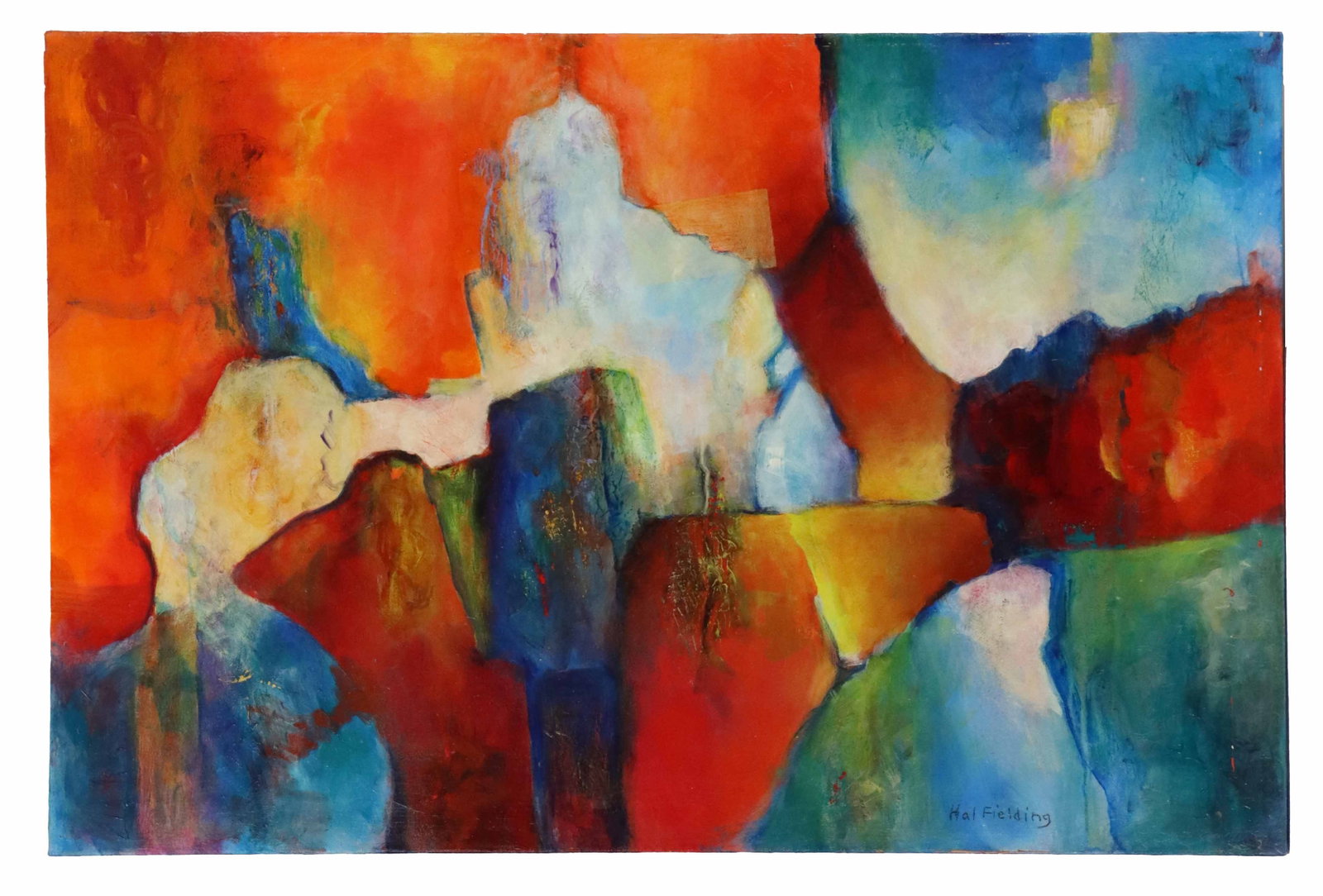 Hal Fielding (1928-2013) American, "Mist of Time" Oil on Canvas: Hal Fielding (1928-2013) American, "Mist of Time" Oil on Canvas. Abstract bright colors. Signed bottom right. Title and size written in pencil on back of canvas. Unframed. 