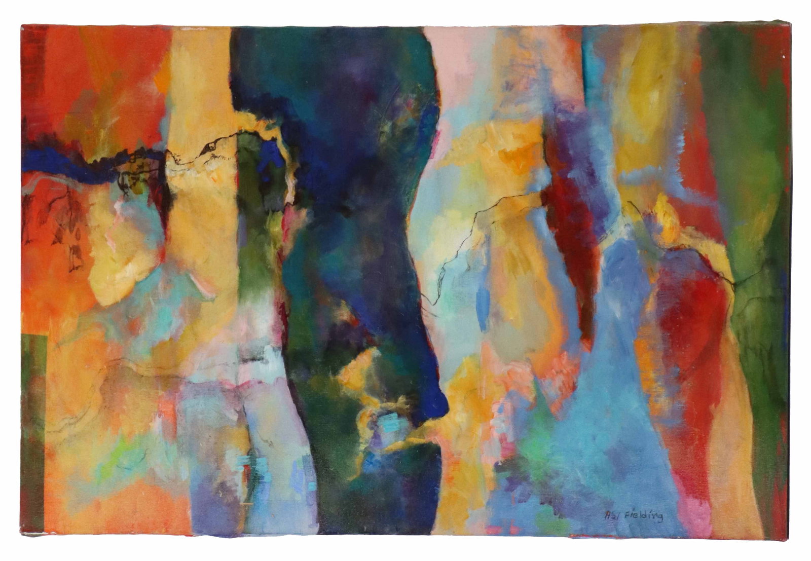 Hal Fielding (1928-2013) American, "Transformation" Acrylic on Canvas: Hal Fielding (1928-2013) American, "Transformation" Acrylic on Canvas. Abstract bright colors. Signed bottom right. Title, date of 04-96-07, and size written in pencil on back