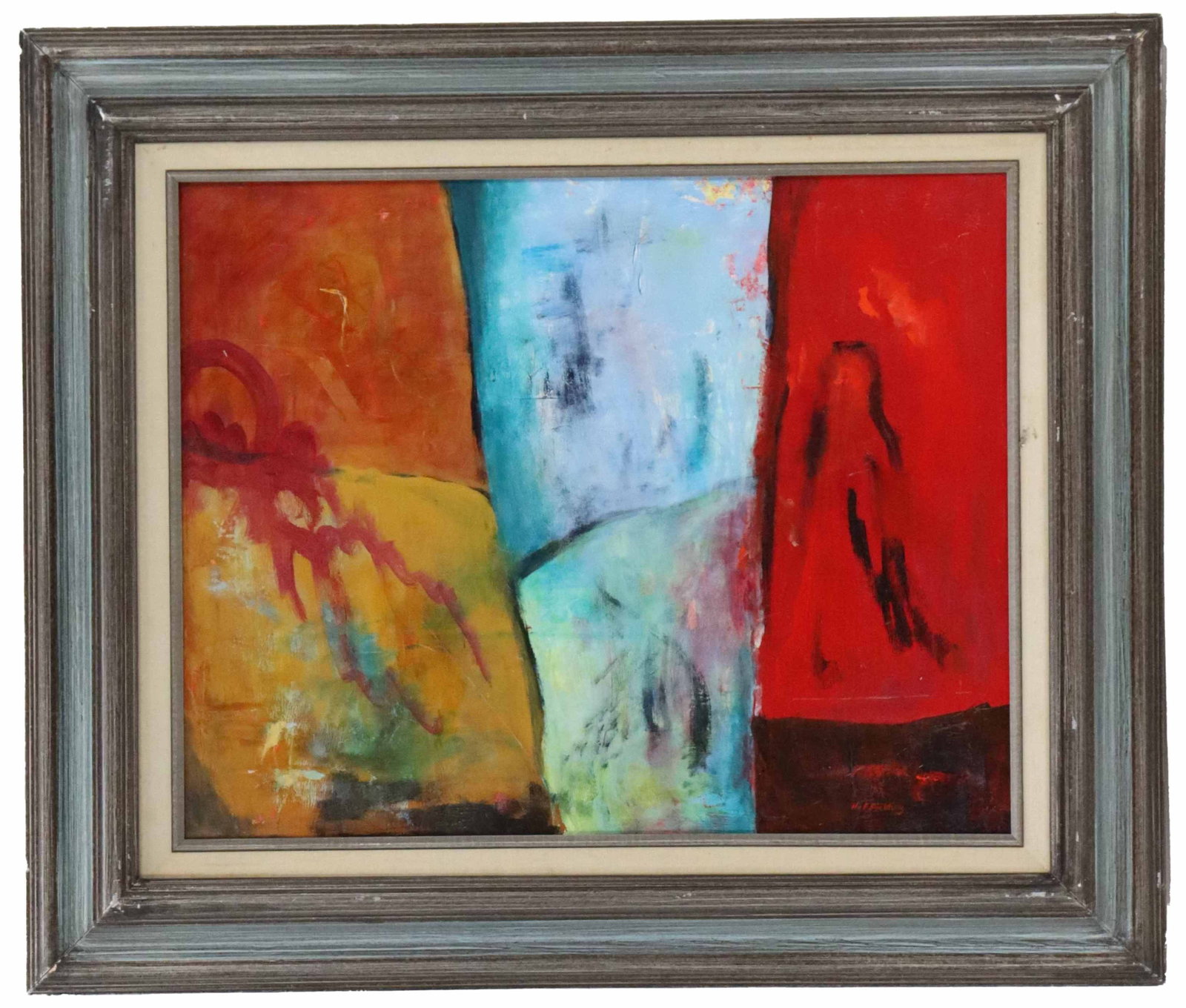 Hal Fielding (Born 1928) American, Acrylic on Canvas Abstract Expressionist "Entrada Azule": Hal Fielding (1928-2013) American, Acrylic on Canvas Abstract Expressionist. Abstract expressionist painting features bold, vertical fields of saturated red, orange, and light blue, accented by