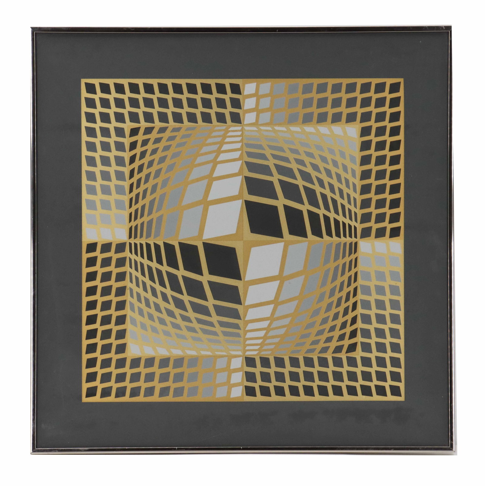 Victor Vasarely (1906-1997) Hungarian/French, Op Art Screenprint: Victor Vasarely (1906-1997) Hungarian/French, Op Art Screenprint. Silver, grey, and gold lines in his signature optical illusion style. Framed. Size: 25 1/2 x 25 1/2 in. Victor Vasarely (1