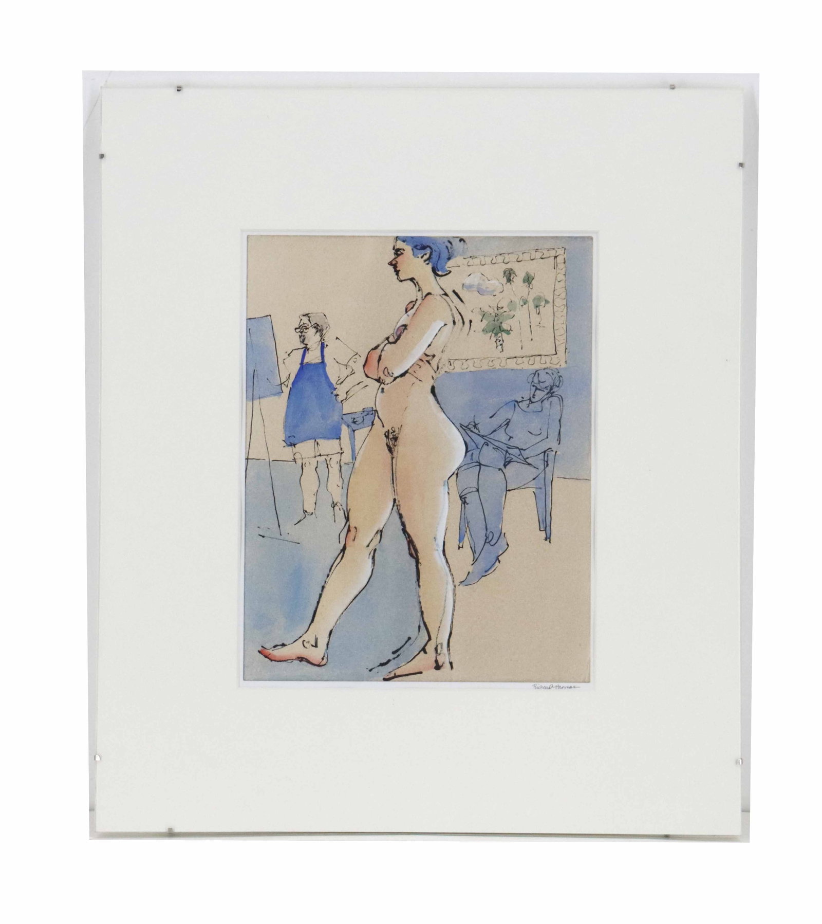 Richard Thomas (21st Century) American, Art Class Watercolor and Ink on Paper: Richard Thomas (21st Century) American, Art Class Watercolor and Ink on Paper. Depicts a nude model mid-movement as artists sketch her in the background, using blue, pink, and green hues. Signed botto