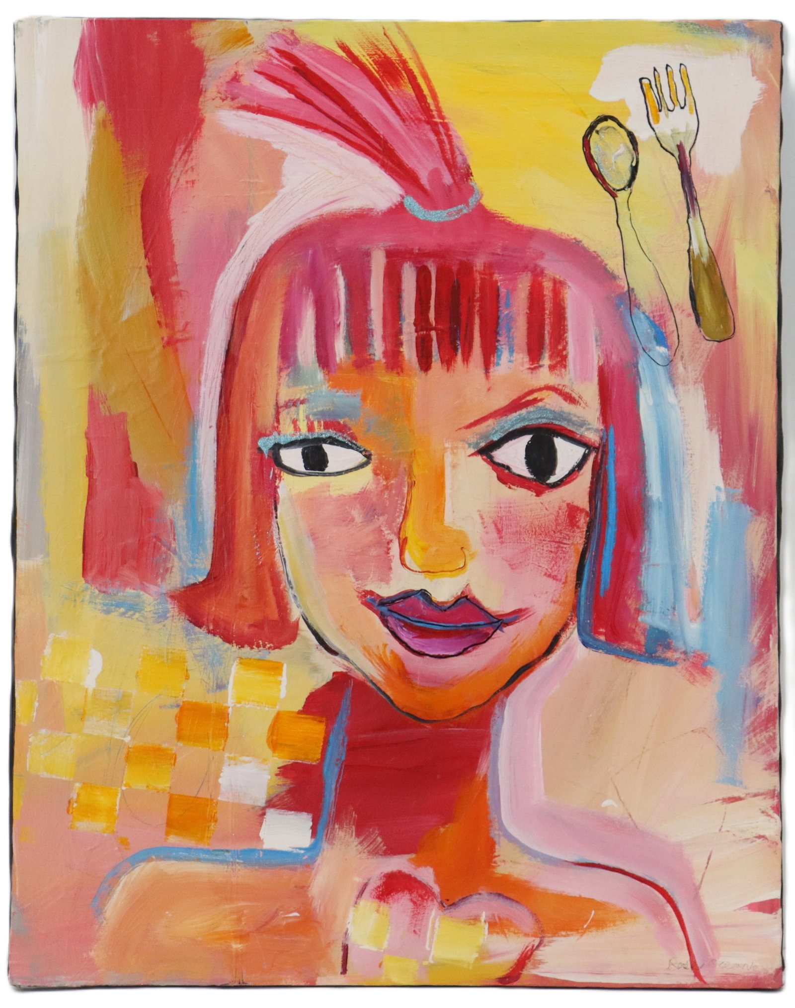 Rose Oceana (20th/21st Century) American, Acrylic on Canvas Portrait of a Girl: Rose Oceana (20th/21st Century) American, Acrylic on Canvas Portrait of a Girl. Expressive portrait features a woman with vibrant pink hair and bold features rendered in a painterly, colorful style, a